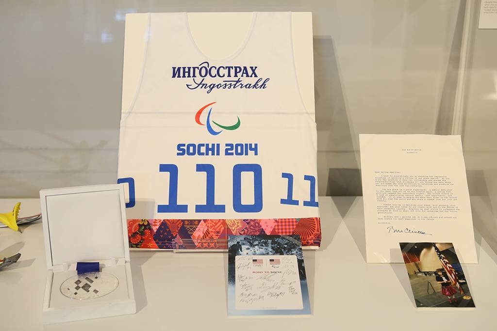 A collection of Oksana's mementos, including her Nordic Biathalon silver medal, from the 2014 Paralympic Winter Games.