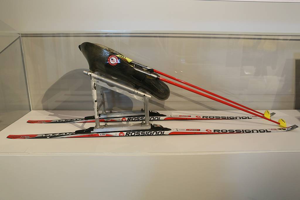 A photo Oksana's skis from the 2014 Paralympic Winter Games on exhibit at the Clinton Foundation Olympic Exhibit.