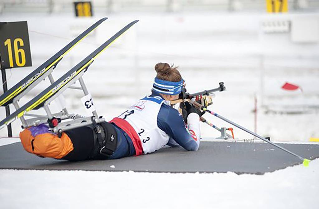 Photo of Oksana on a firing range during the Nordic Biathalon at the 2014 Paralympic Winter Games.