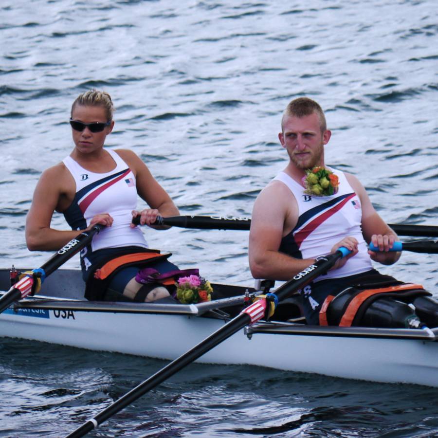 A close up photo of Oksana and her rowing partner, Rob Jones, at the London 2012 Paralympic Games.